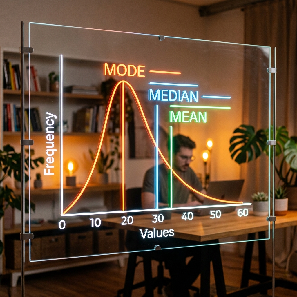 Pizarra de cristal con tres líneas de neón brillante que ilustran la media (punto de equilibrio), la mediana (división central de datos) y la moda (pico más alto en naranja). Al fondo, una oficina con luz cálida se muestra desenfocada de forma sutil.