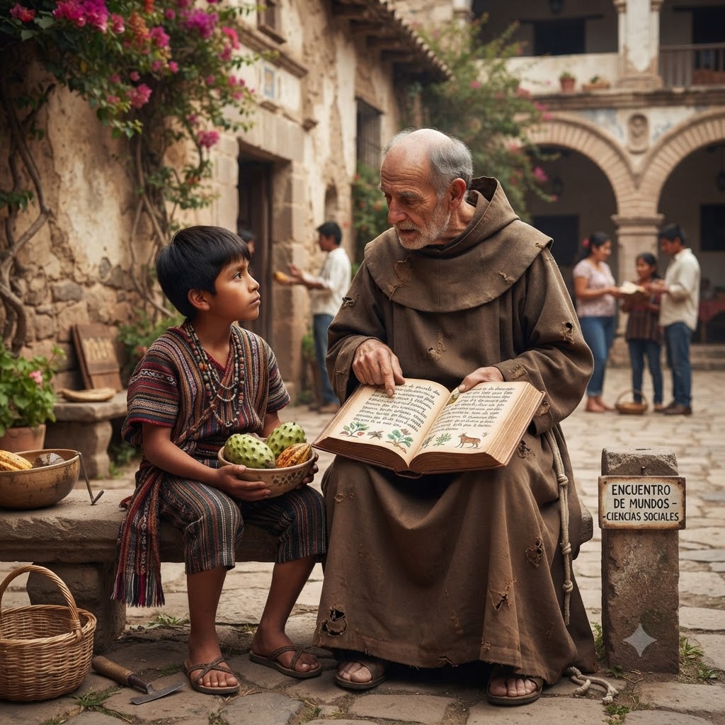 Un fraile anciano enseña un libro ilustrado sobre naturaleza a un niño indígena con vestimenta tradicional que sostiene un tazón de frutas. Están en un patio colonial con arquitectura de piedra y gente conversando al fondo. Un cartel de piedra dice "ENCUENTRO DE MUNDOS - CIENCIAS SOCIALES".