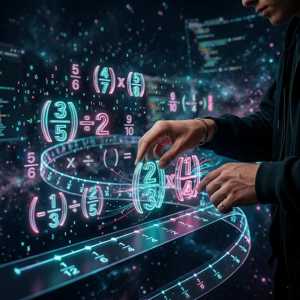 Manos en primer plano interactúan con fracciones y símbolos 3D de multiplicación y división (como (2/3) x (1/4) y (3/5) ÷ 2) que flotan en un espacio de aprendizaje digital. Iluminación de neón turquesa y rosa con fondo desenfocado. Estilo realista y dinámico.