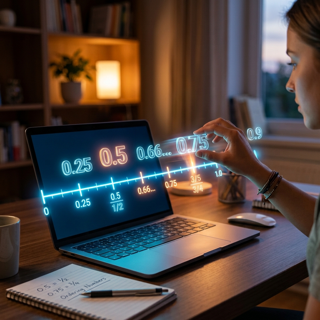 Una mano organiza números decimales y fracciones (0.5, 1/2, 0.75, 3/4) en una recta numérica brillante e interactiva sobre la pantalla de una laptop. Elementos 3D traslúcidos flotan en el aire bajo luces de neón azul y naranja. Estilo realista con enfoque selectivo.