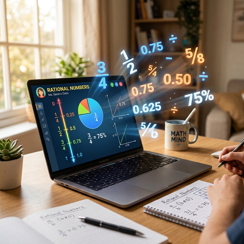 Una laptop abierta en un escritorio de estudio muestra gráficos de fracciones (3/4) y decimales (0.75). Símbolos matemáticos tridimensionales y traslúcidos flotan desde la pantalla bajo una luz natural cálida de ventana. Escena realista y ordenada con libreta y bolígrafo.