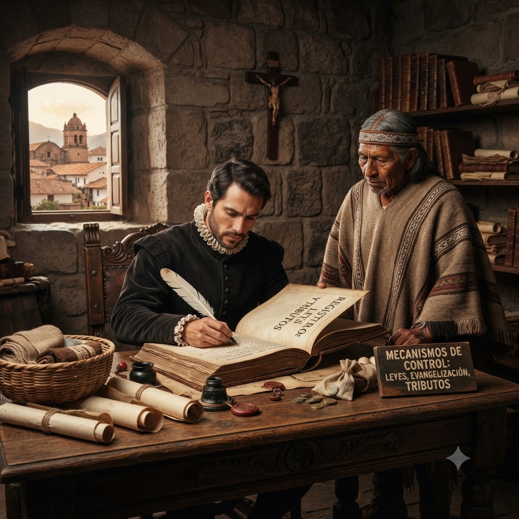 Dos hombres en una oficina colonial de piedra. Izquierda: español escribiendo en un libro con pluma. Derecha: indígena anciano de pie. Mesa con pergaminos y letrero: "Mecanismos de control: Leyes, Evangelización, Tributos". Fondo: ventana con vista a la ciudad, crucifijo y estantes.