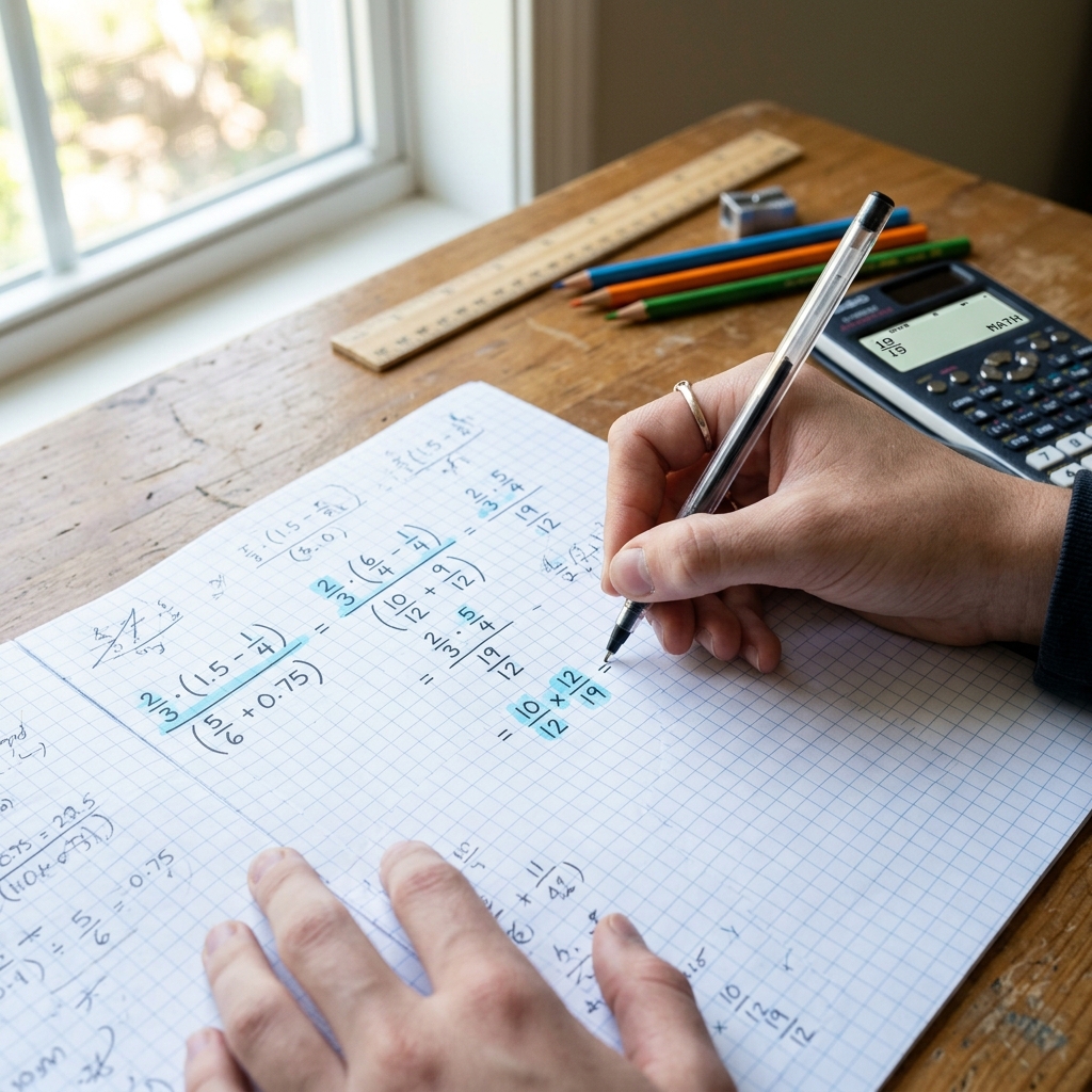 Manos de estudiante resolviendo un problema con fracciones y decimales en papel blanco. Al fondo, sobre un escritorio de madera, se observan reglas, lápices de colores y una calculadora científica digital que muestra fracciones, iluminados por luz natural.
