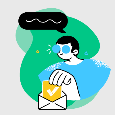 ilustración en fondo verde de un joven enviando un like en un sobre blanco 