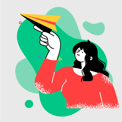 imagen en fondo blanco en la que hay una ilustración de una jovencita mirando un avión de papel