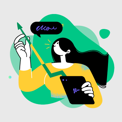ilustración en fondo verde, en la que se ve a una jovencita con blusa de color amarillo con una tablet en la mano izquierda, de la cual sale una flecha verde en dirección hacia arriba