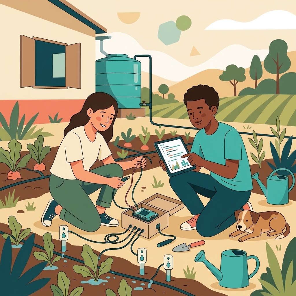 Ilustración plana de dos jóvenes en una huerta escolar rural conectando cables a un sistema de riego con tecnología IoT, mientras uno consulta datos en una tableta. Al fondo, un tanque de agua, cultivos y una escuela. En primer plano, sensores en la tierra, herramientas y un perro.