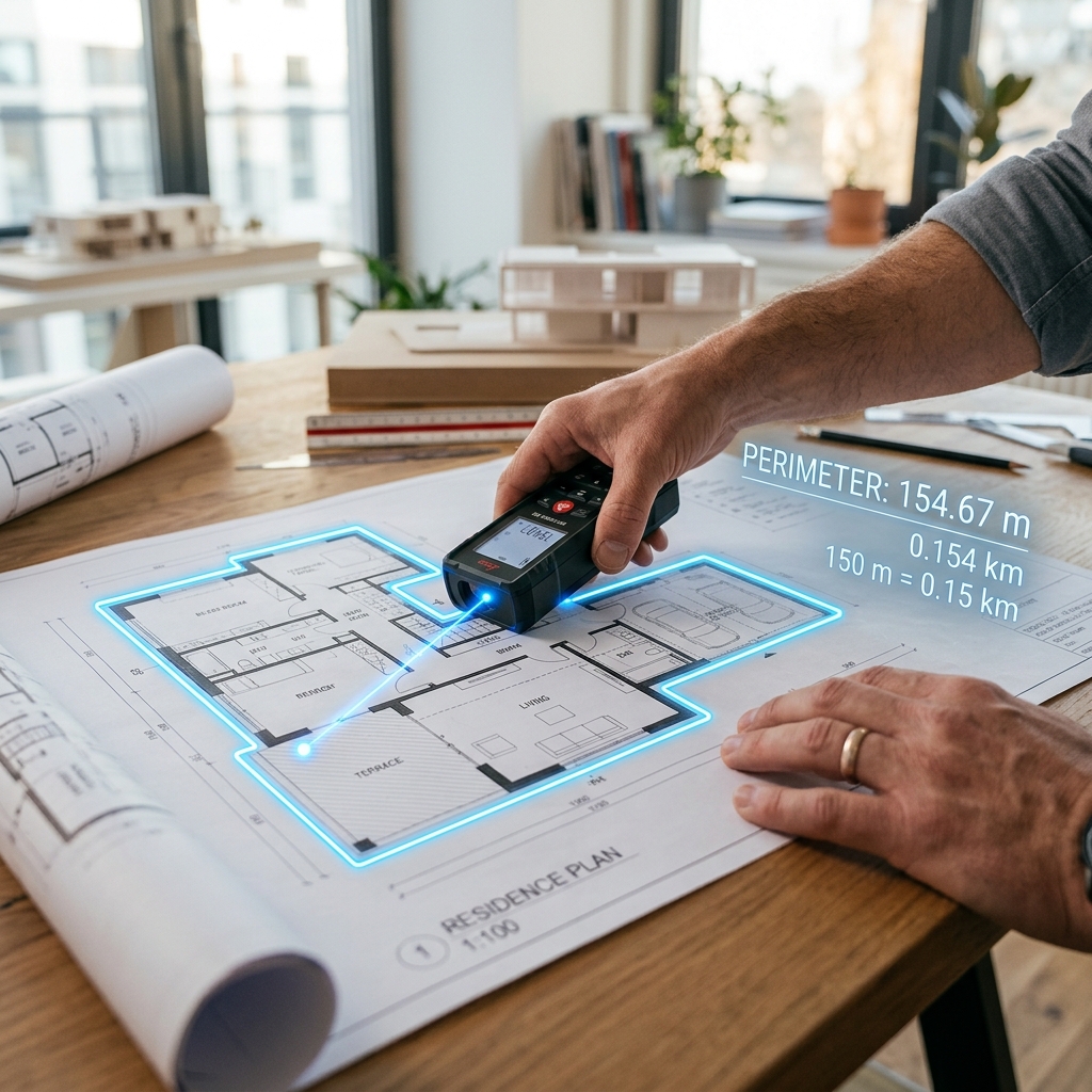 Mano midiendo el perímetro de un plano arquitectónico con un medidor láser digital. Una línea láser azul brillante delinea el contorno. Al lado flotan números holográficos sutiles de conversión métrica de metros a kilómetros.