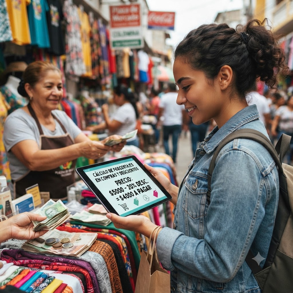 Una joven sonriente en un mercado sostiene una tablet con el cálculo de un descuento del 20% sobre $5000, resultando en $4000. A su izquierda, una vendedora recibe dinero de un cliente. Fondo con puestos de ropa y letreros borrosos.