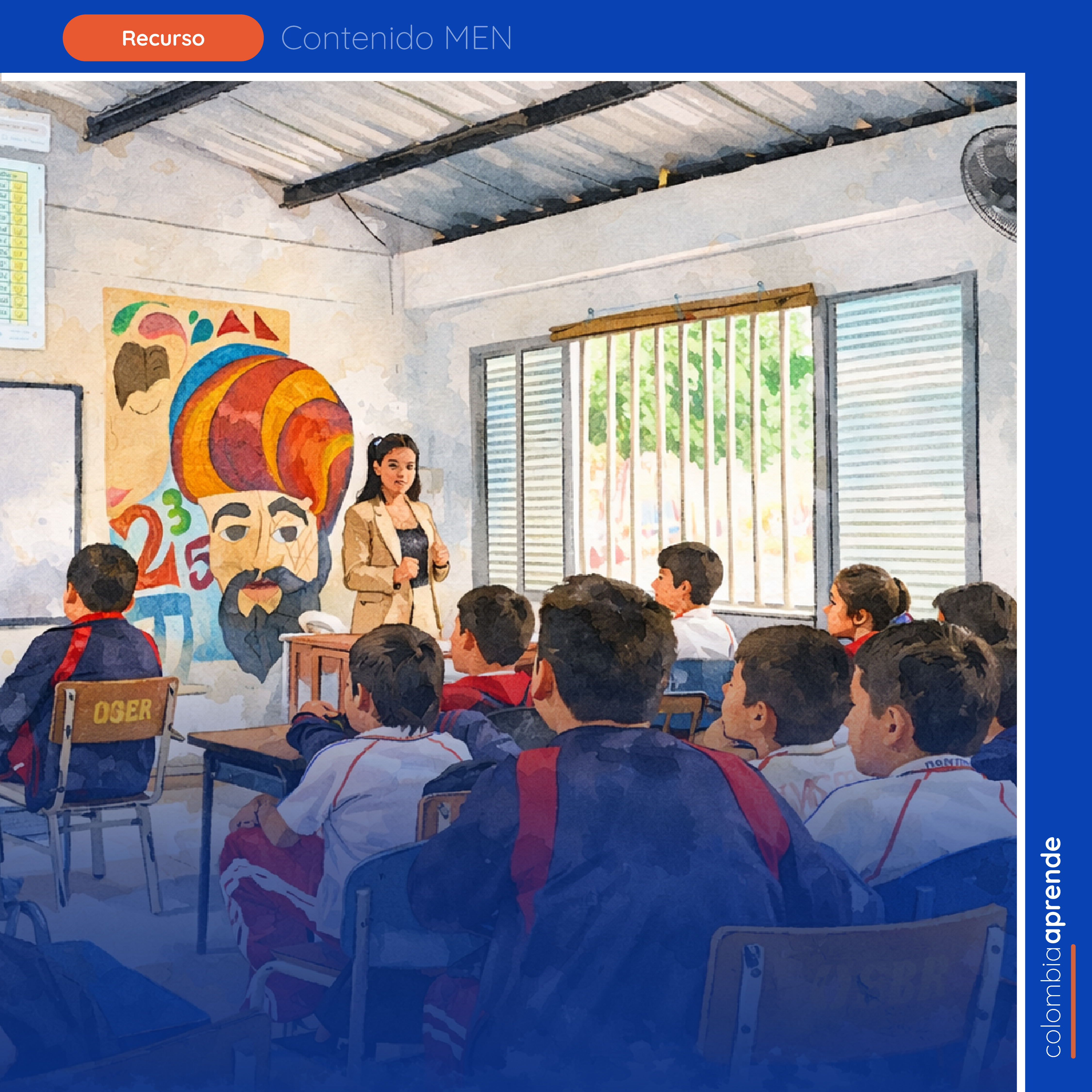 Profesora dictando clase con niños sentados