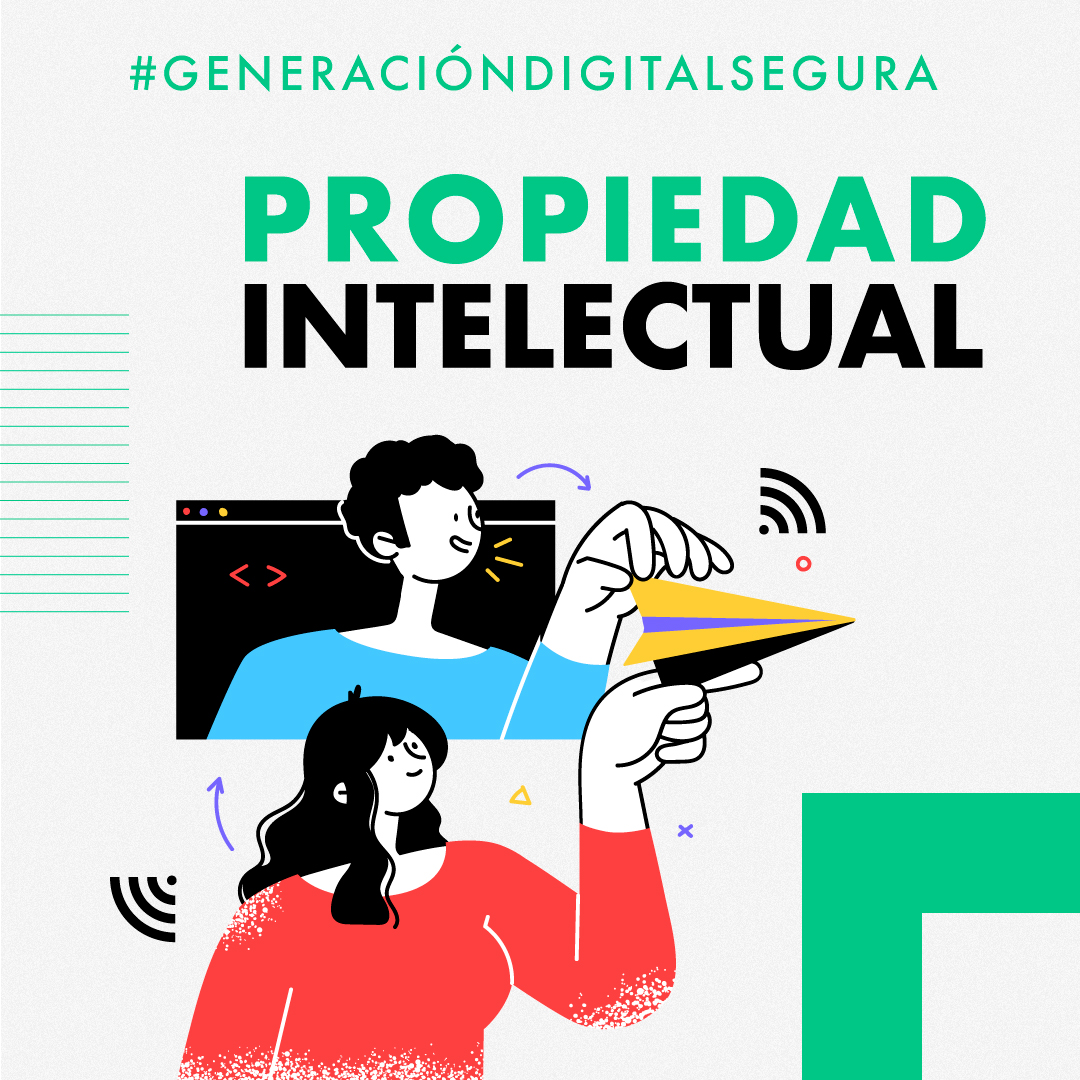 imagen en fondo blanco en la que se lee propiedad intelectual en letras grandes, mayúsculas de color verde y negro, ubicadas en l parte superior. En la parte inferior hay una ilustración de dos jóvenes interactuando con un avión de papel