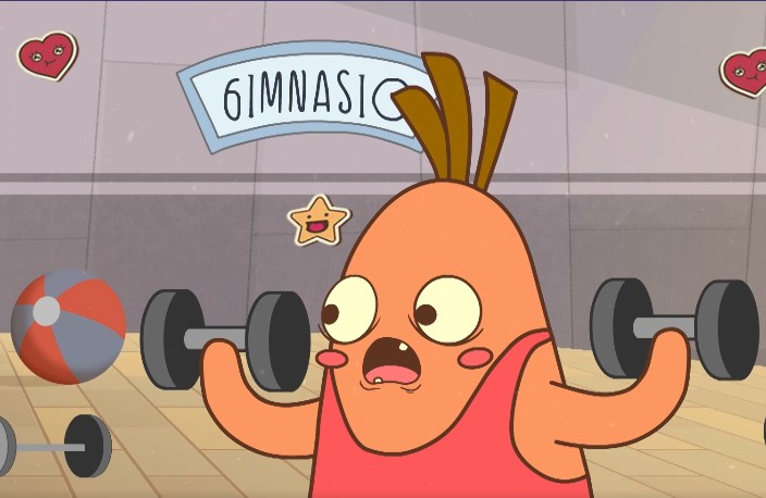 Zanahoria caricaturesca haciendo ejercicio en el Gimnasio, con dos pesas en la mano.