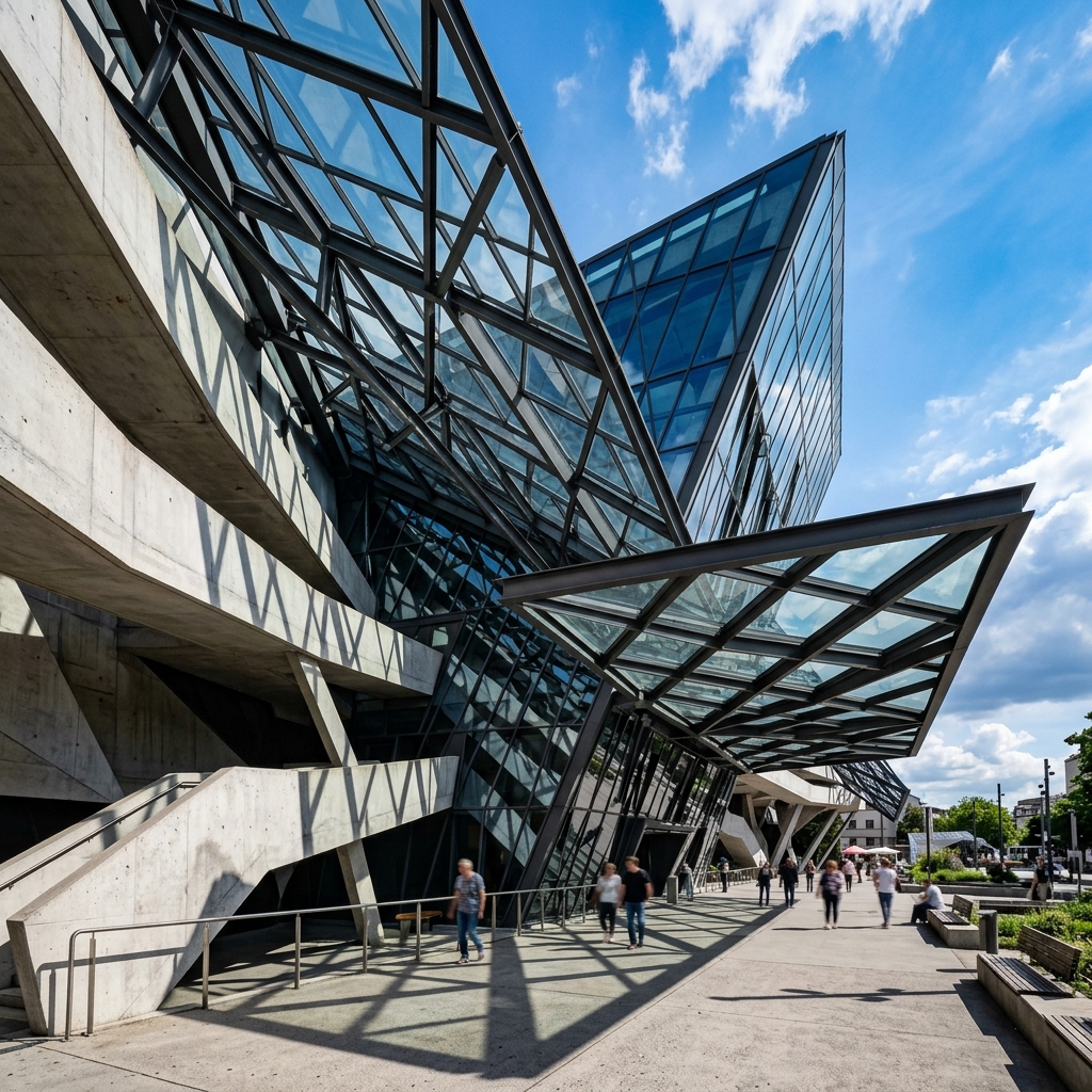 Estructura moderna de cristal y acero iluminada por el sol, donde destacan paneles traslapados con formas de trapecios, rombos y paralelogramos. Las sombras marcadas sobre el concreto acentúan sus líneas geométricas y su diseño dinámico y tridimensional.