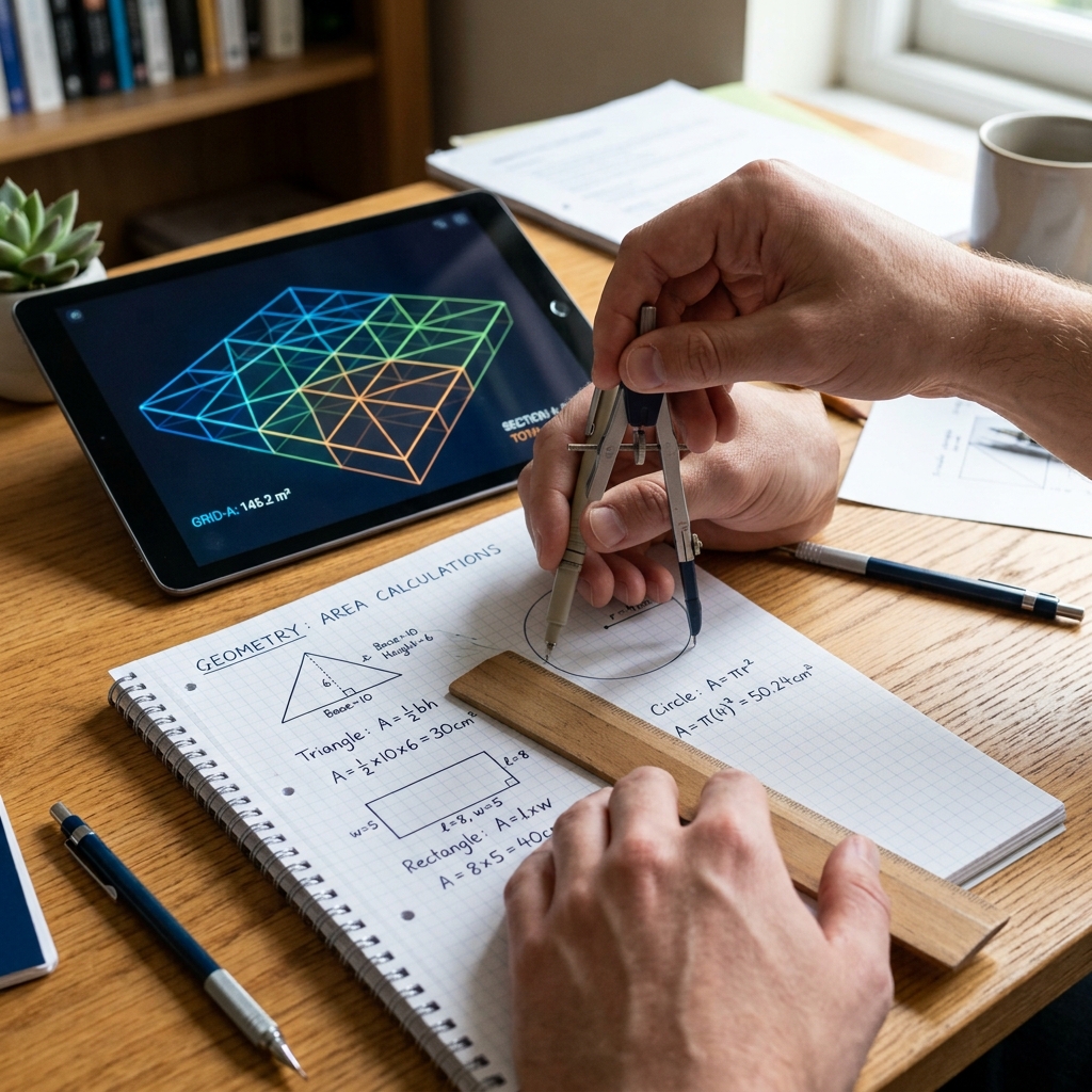 Manos dibujando figuras geométricas en un cuaderno con regla y compás sobre un escritorio iluminado. Una tableta al lado muestra una cuadrícula 3D interactiva de cálculo de áreas.