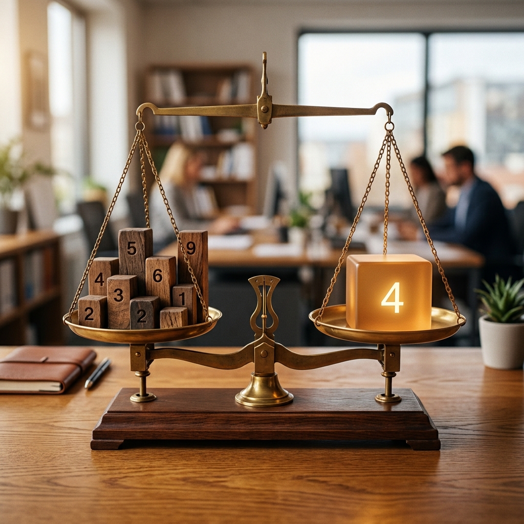 Balanza de precisión metálica sobre un escritorio de madera. En un platillo hay varios bloques de madera de distintas alturas que representan valores; en el otro, un único bloque brillante que los equilibra a la perfección, simbolizando el promedio. Luz cálida de estudio.