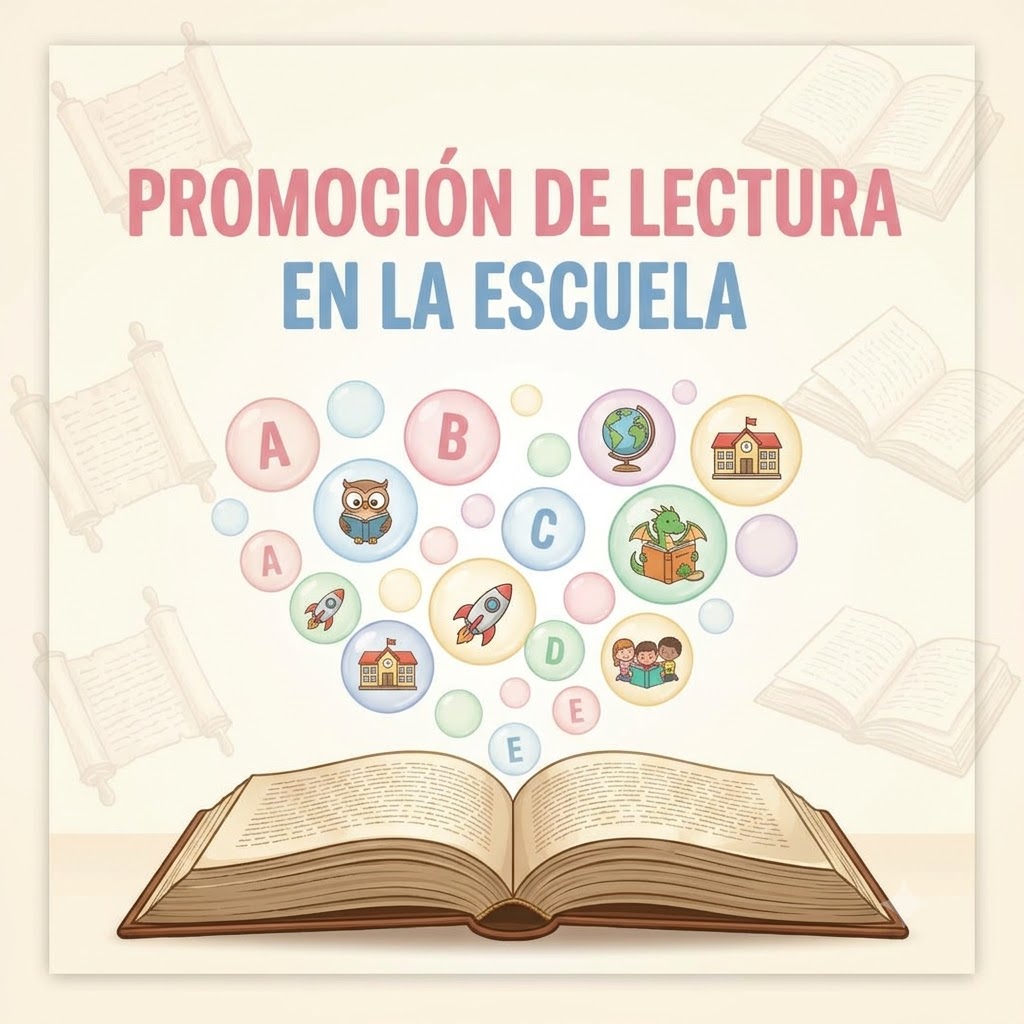Muestra un libro abierto del que emergen burbujas con letras (A-E) y pequeños dibujos (búho, escuela, globo, cohete, niños, dragón). Fondo claro con siluetas de libros.