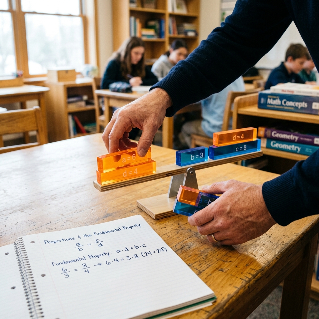 Unas manos organizan barras geométricas acrílicas sobre una mesa de madera para equilibrar una proporción. Junto a ellas, un cuaderno muestra escrita con tinta la propiedad fundamental matemática bajo luz natural.