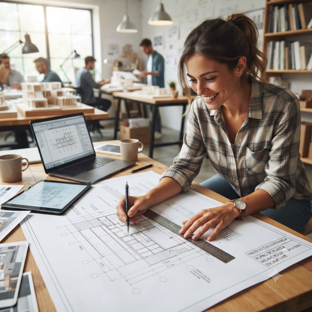 En una oficina de arquitectura, una arquitecta sonriente usa un escalímetro para trabajar sobre grandes planos. Sobre su mesa de madera hay una laptop y una tableta mostrando proyectos. Otros arquitectos trabajan al fondo. La escena transmite profesionalismo y concentración.
