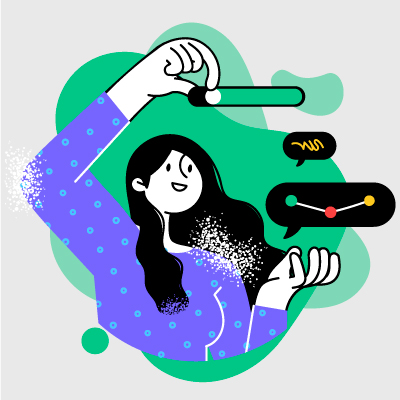 Ilustración de un joven con un termómetro digital y sosteniendo en la mano una nube de datos 