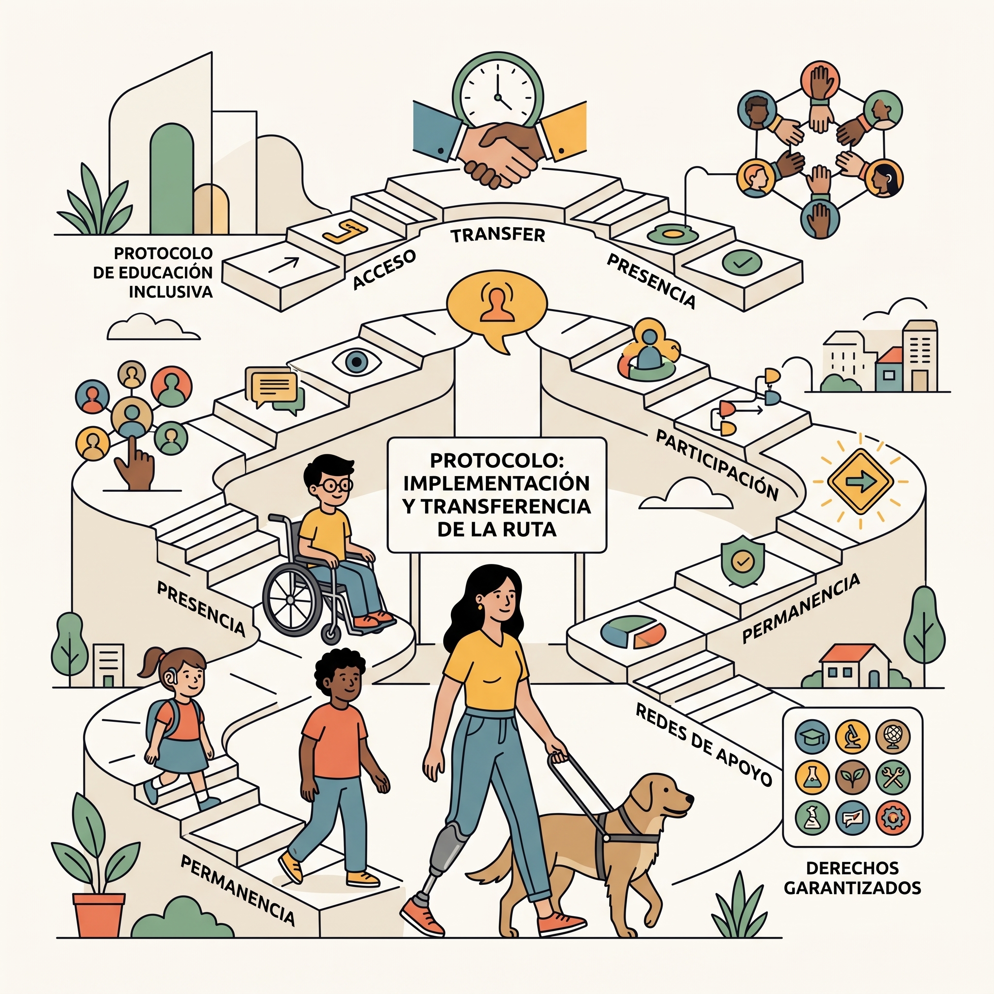 Infografía que muestra una ruta serpenteante de pasos. Incluye iconos y texto en español: Protocolo de Educación Inclusiva, Acceso, Transferencia, Presencia, Participación, Permanencia, Redes de Apoyo y Derechos Garantizados. Varias personas con discapacidades y un perro guía la recorren. El texto central dice "PROTOCOLO: IMPLEMENTACIÓN Y TRANSFERENCIA DE LA RUTA".