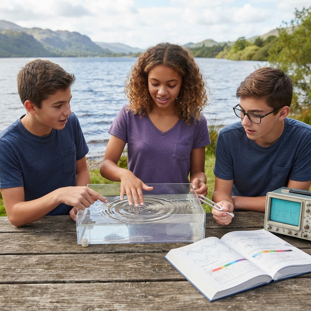 Tres adolescentes estudian la física de las ondas con un tanque de agua, un osciloscopio y un libro de texto abierto, sentados a una mesa de madera frente a un lago y montañas. La chica toca el agua creando ondas. (192 caracteres)