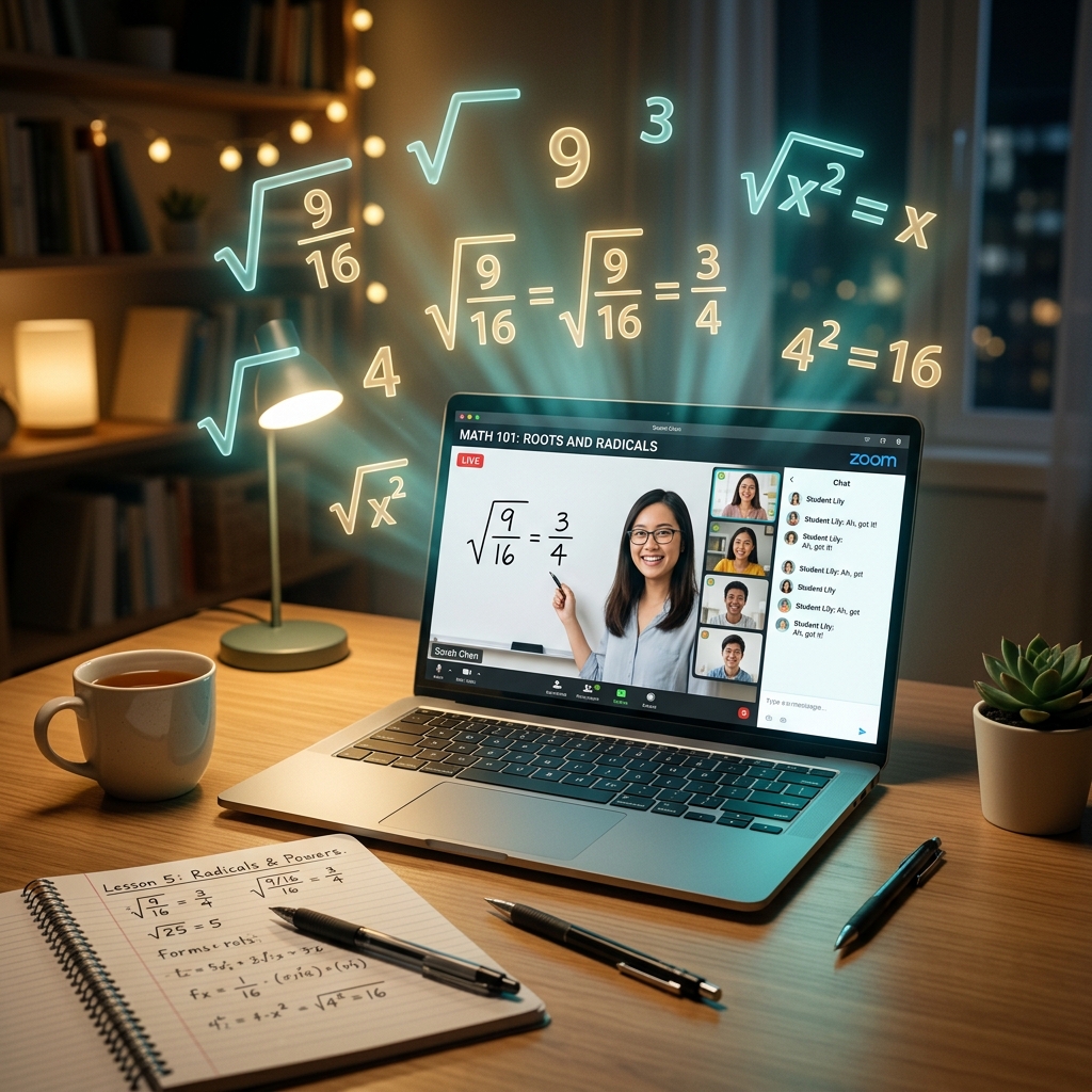 Una laptop sobre un escritorio muestra una videoclase con la fórmula √9/16 = 3/4. Del monitor emergen flotando símbolos de radicación (√) y fracciones en 3D traslúcidas y brillantes. La escena tiene una iluminación suave azul y dorada con un enfoque selectivo. 