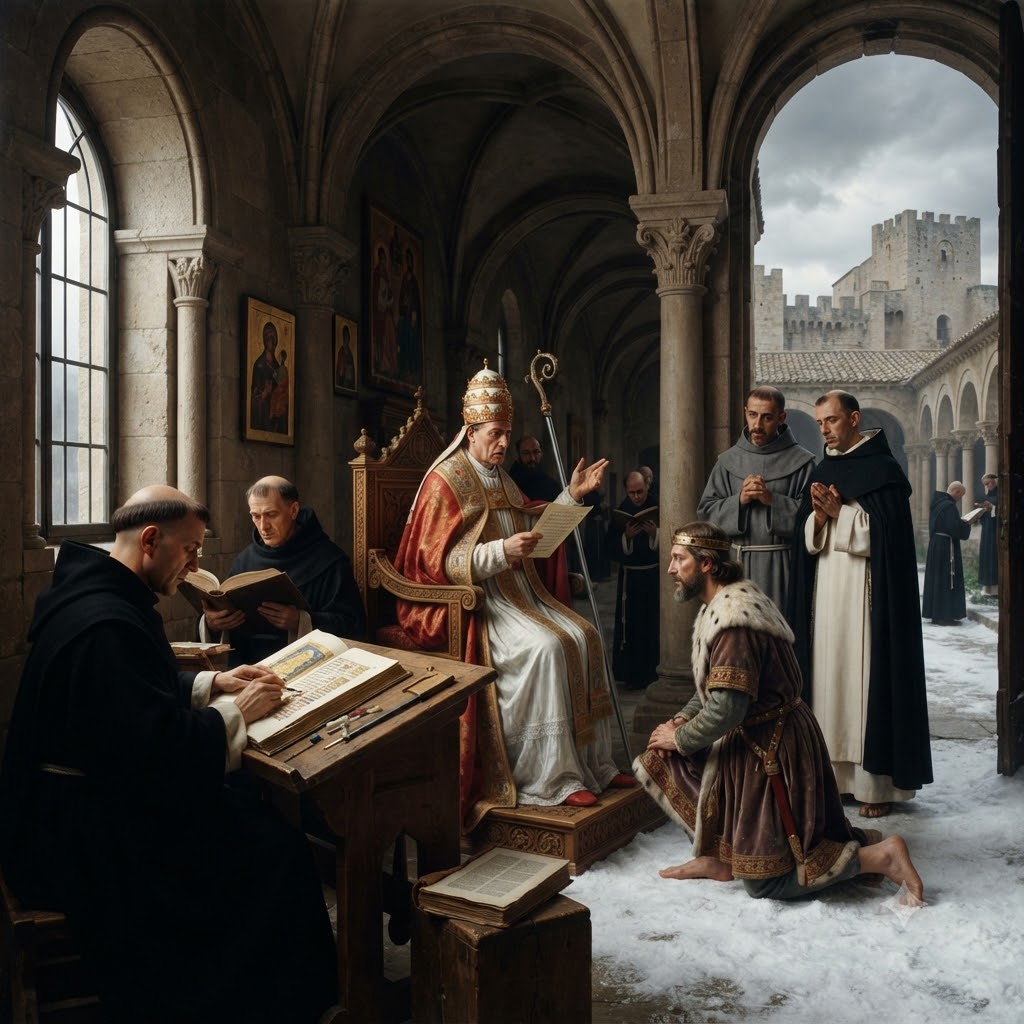 Escena realista en un monasterio medieval. A la izquierda, monjes benedictinos escriben y leen en un scriptorium. En el centro, el Papa sentado en su trono recibe a un emperador arrodillado descalzo sobre la nieve, que viste túnica y corona. Detrás, frailes franciscanos y dominicos oran. Al fondo, un castillo.