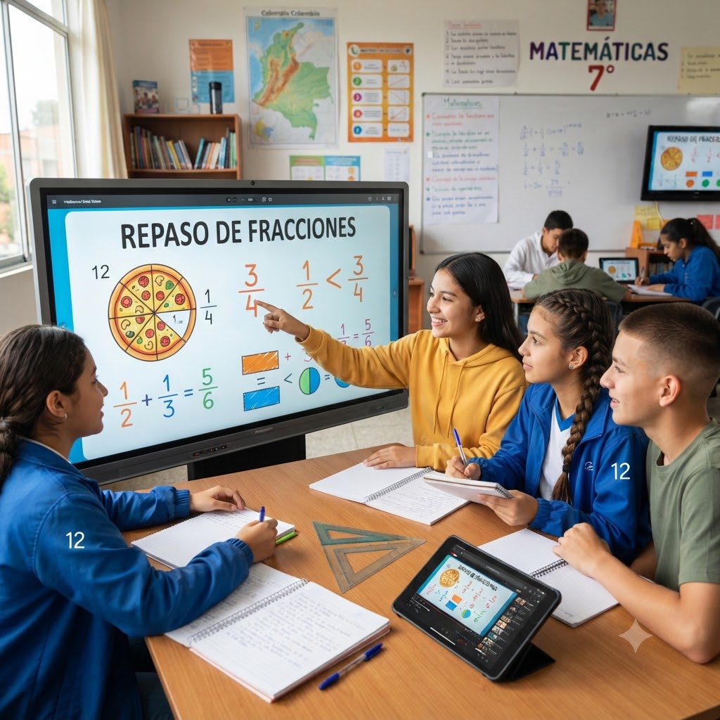 En un aula, cuatro estudiantes de secundaria colaboran alrededor de una pantalla táctil. La pantalla muestra la lección "REPASO DE FRACCIONES" con gráficos de pizza y ecuaciones de suma. Dos estudiantes escriben en cuadernos, mientras una tercera señala un ejemplo. Incluye una tableta y un mapa de Colombia en la pared.