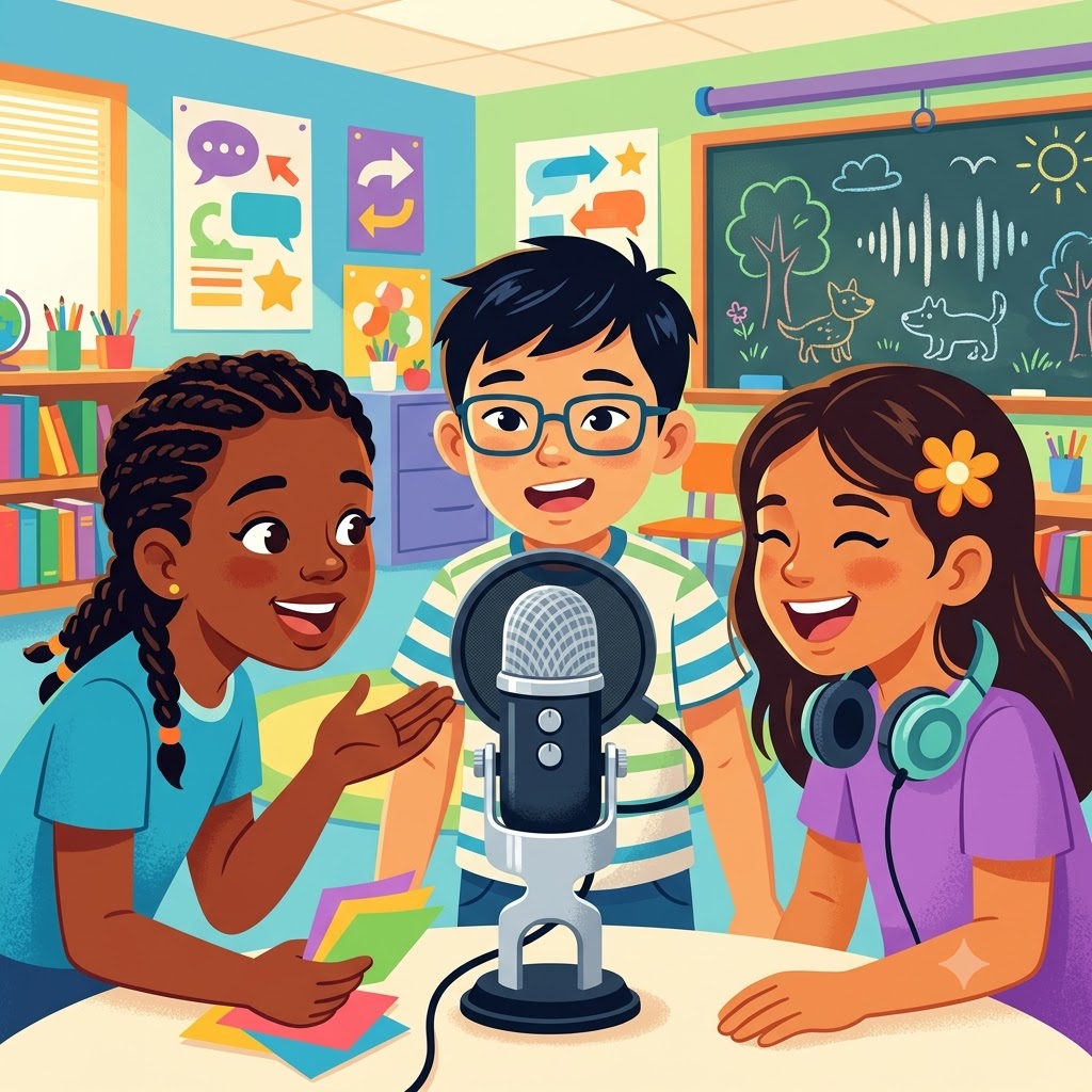 Ilustración de tres niños diversos sonriendo en un aula escolar colorida. Están sentados alrededor de una mesa compartiendo un micrófono de podcast. Al fondo se observa un pizarrón con ondas de sonido dibujadas, estantes con libros y carteles educativos.