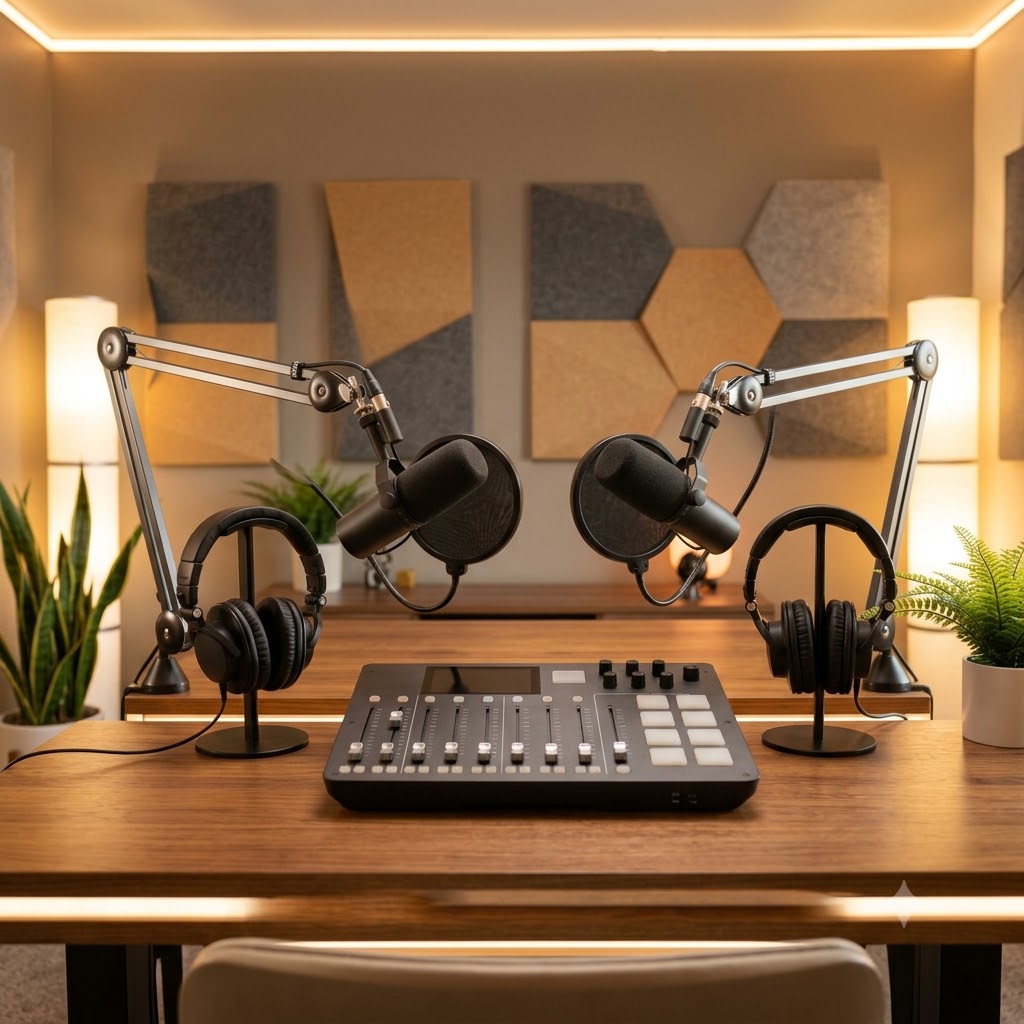 Vista frontal simétrica de un moderno estudio de podcast profesional. En una mesa de madera central, hay una consola de mezcla digital. A cada lado, una configuración idéntica de micrófono en brazo articulado negro y auriculares sobre un soporte. El fondo tiene paneles acústicos geométricos y plantas.