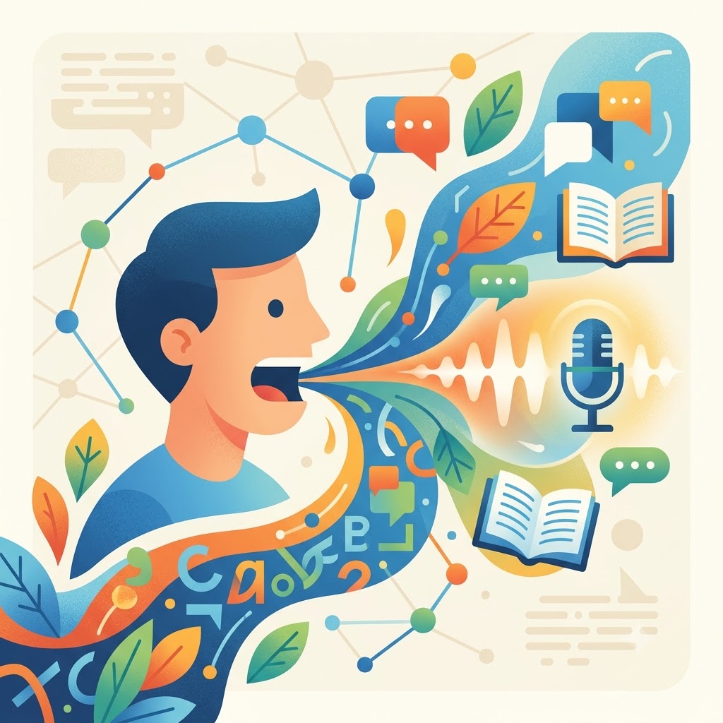 Ilustración de un hombre de perfil hablando. De su boca sale una colorida estela que contiene un micrófono, libros abiertos, ondas sonoras, letras, hojas y burbujas de diálogo, sobre un fondo con redes de puntos. Representa el lenguaje y la oralidad.