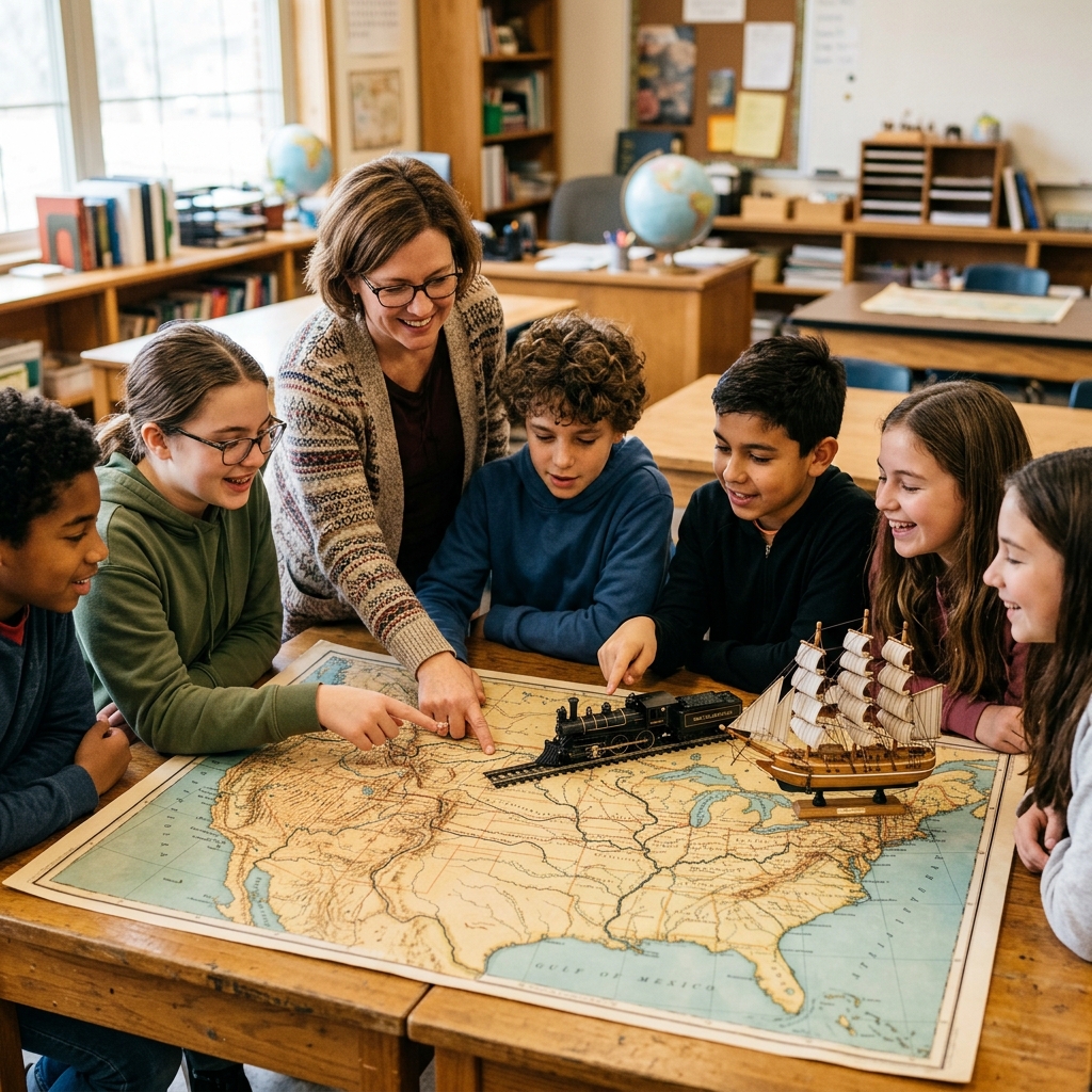 Estudiantes y docente en un aula analizan un mapa histórico de Norteamérica sobre una mesa de madera. Junto al mapa, hay réplicas en miniatura de un barco de vela de madera y una locomotora de vapor clásica. Ambiente de aprendizaje iluminado y colaborativo.
