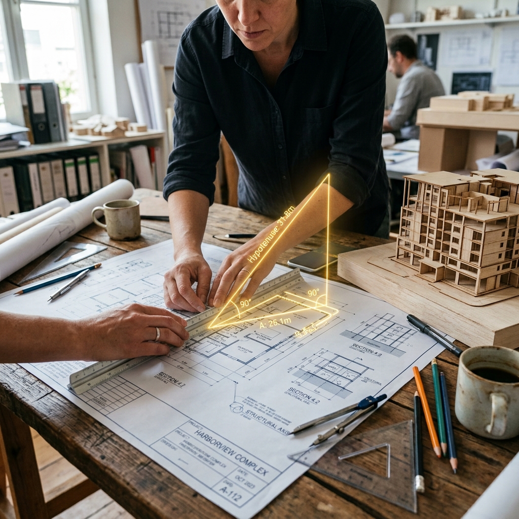 Manos midiendo un plano de construcción sobre un escritorio con regla metálica. Un triángulo rectángulo holográfico brillante se proyecta sobre la estructura del plano, ilustrando la aplicación del Teorema de Pitágoras. Lápices, herramientas y luz dorada completan la escena.