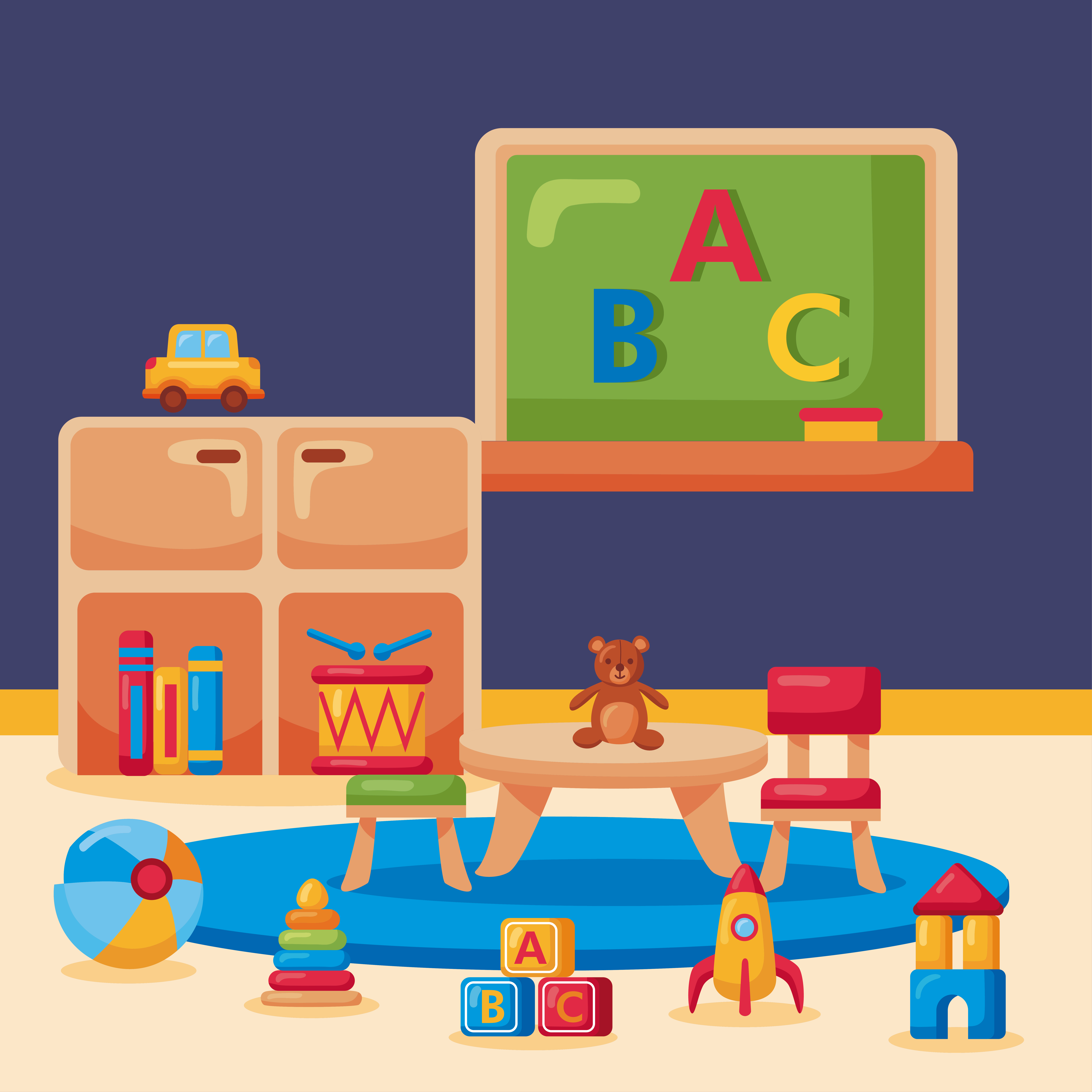 Ilustración de un salón de clases con un tablero con las letras a, b, c, un armario con libros, también hay una mesa con una silla y muchos juguetes en el piso.