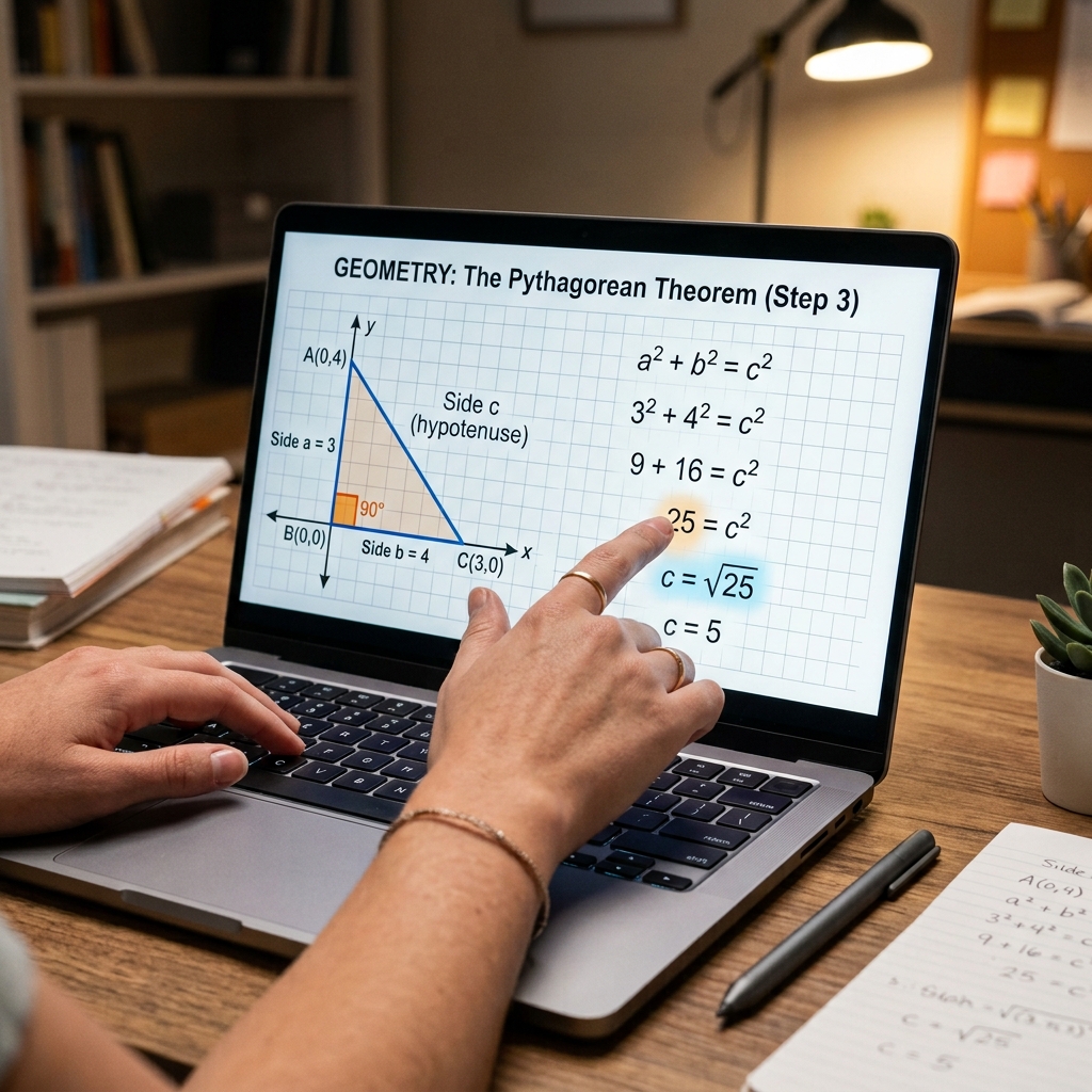 Manos de un estudiante frente a una laptop encendida que muestra un diagrama de un triángulo rectángulo en una cuadrícula con fórmulas geométricas resueltas paso a paso. Un lápiz digital reposa al lado bajo una luz cálida de escritorio.
