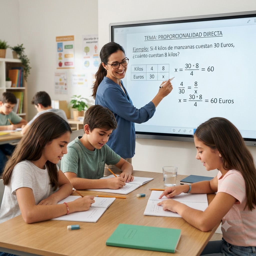 En el aula, una profesora sonriente explica un problema de proporcionalidad directa sobre una pizarra digital interactiva a tres estudiantes sentados alrededor de una mesa. Los alumnos están concentrados escribiendo en sus cuadernos.