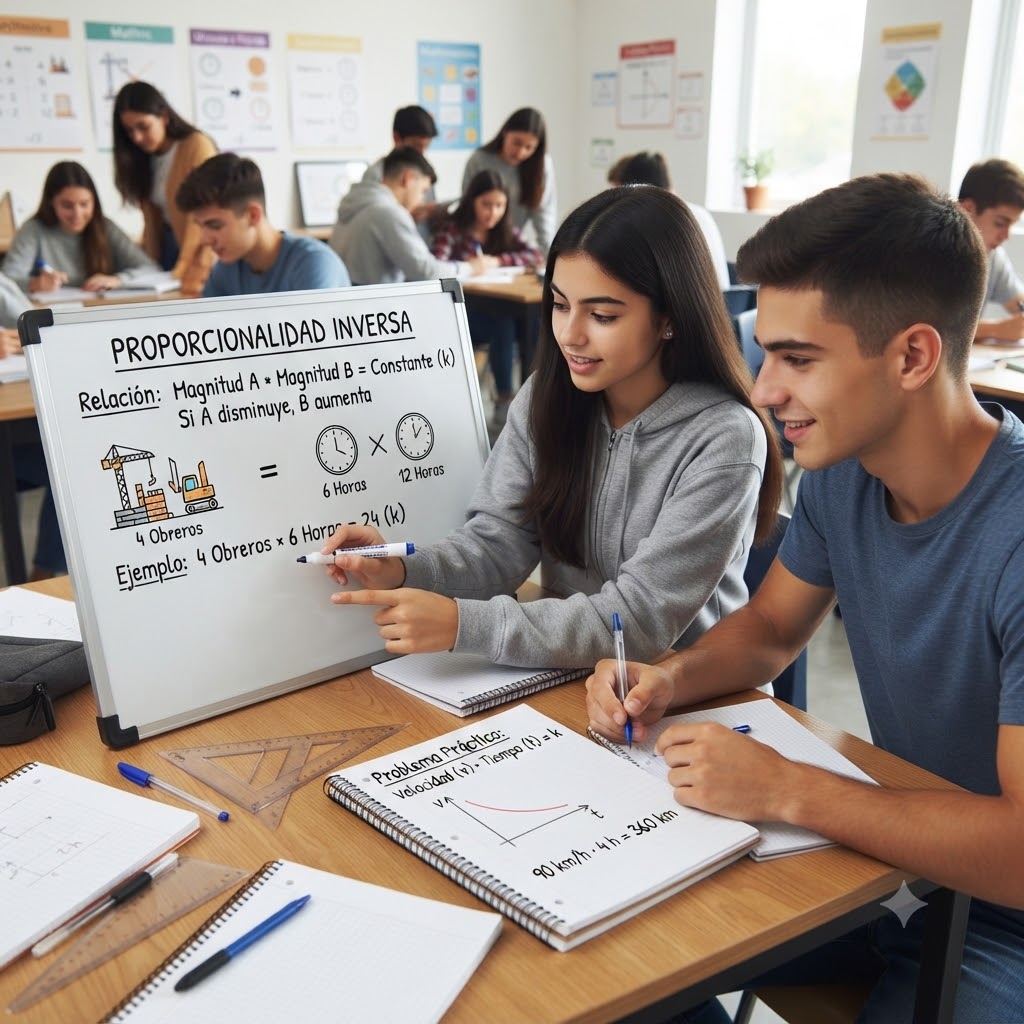 En un aula, una estudiante sonriente escribe en una pizarra blanca la ecuación 'y=4x', ilustrando el tema 'PROPORCIONALIDAD DIRECTA'. La pizarra muestra una tabla de valores y un gráfico lineal con la pendiente k=4. A la izquierda, otro estudiante atiende la lección.