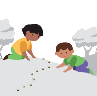 Ilustración niño y niña arrodillados sobre un paisaje y mirando hacia el frente