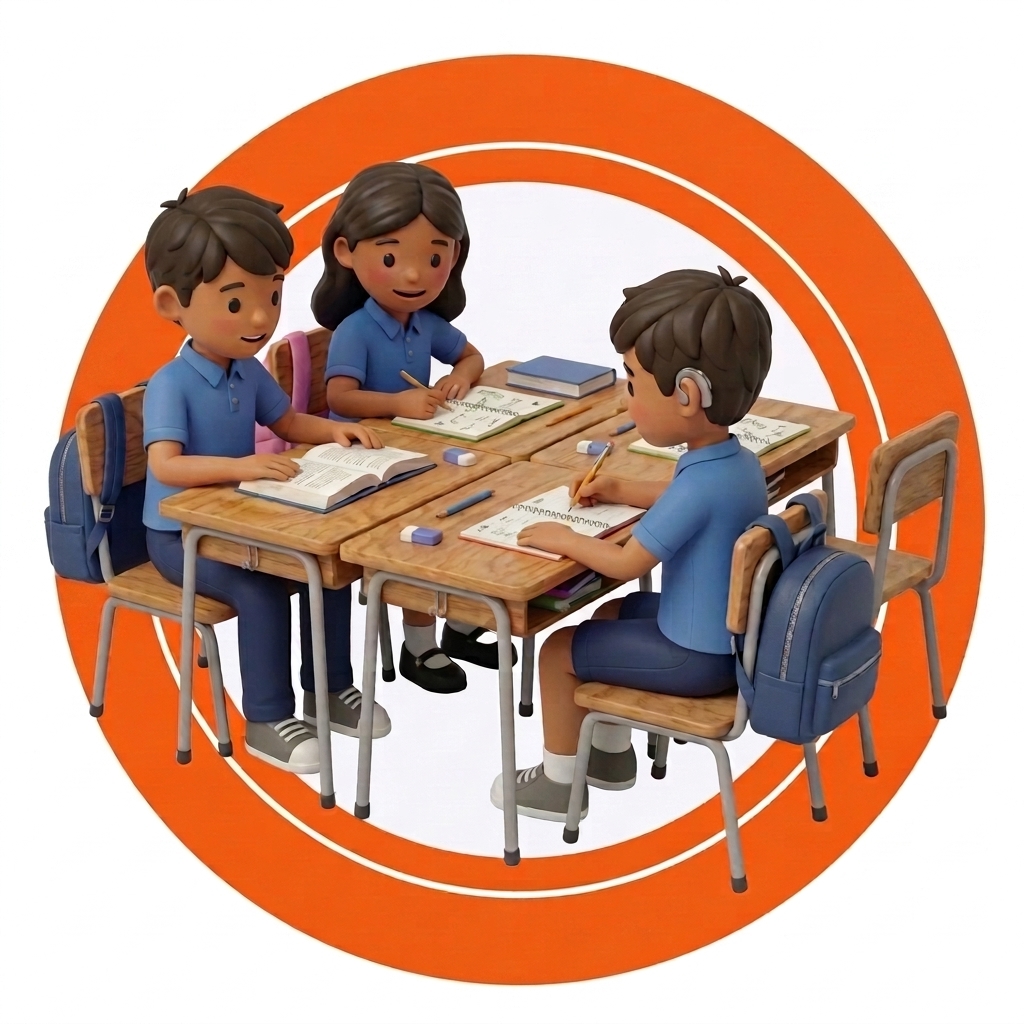 Tres estudiantes en estilo animado 3D con uniforme azul sentados en pupitres de madera. Leen y escriben en cuadernos; uno de los niños usa un audífono. Sus mochilas cuelgan de las sillas y detrás hay un marco circular naranja.