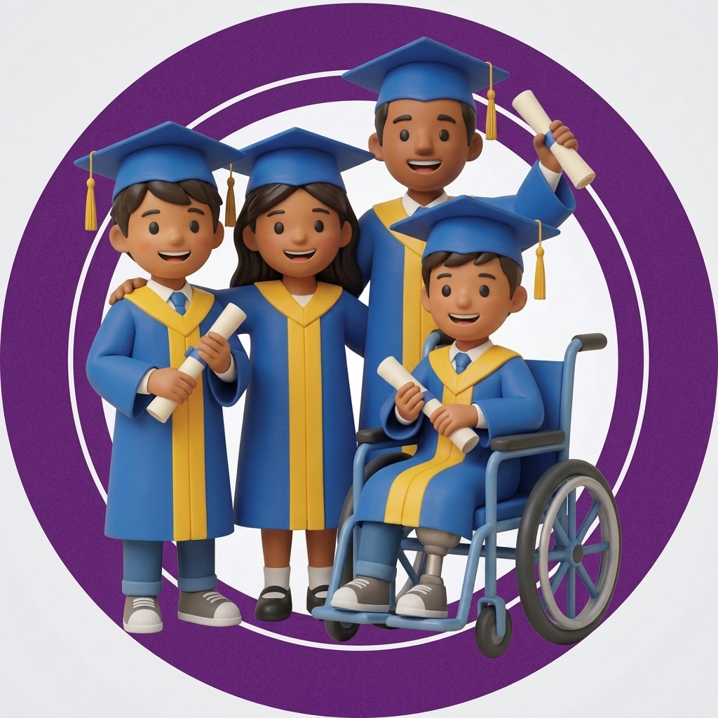 Ilustración en 3D de cuatro estudiantes graduados sonrientes con togas y birretes azules con amarillo. Cada uno sostiene su diploma enrollado. Uno de ellos está en silla de ruedas y tiene una prótesis en la pierna. De fondo, un marco circular morado.
