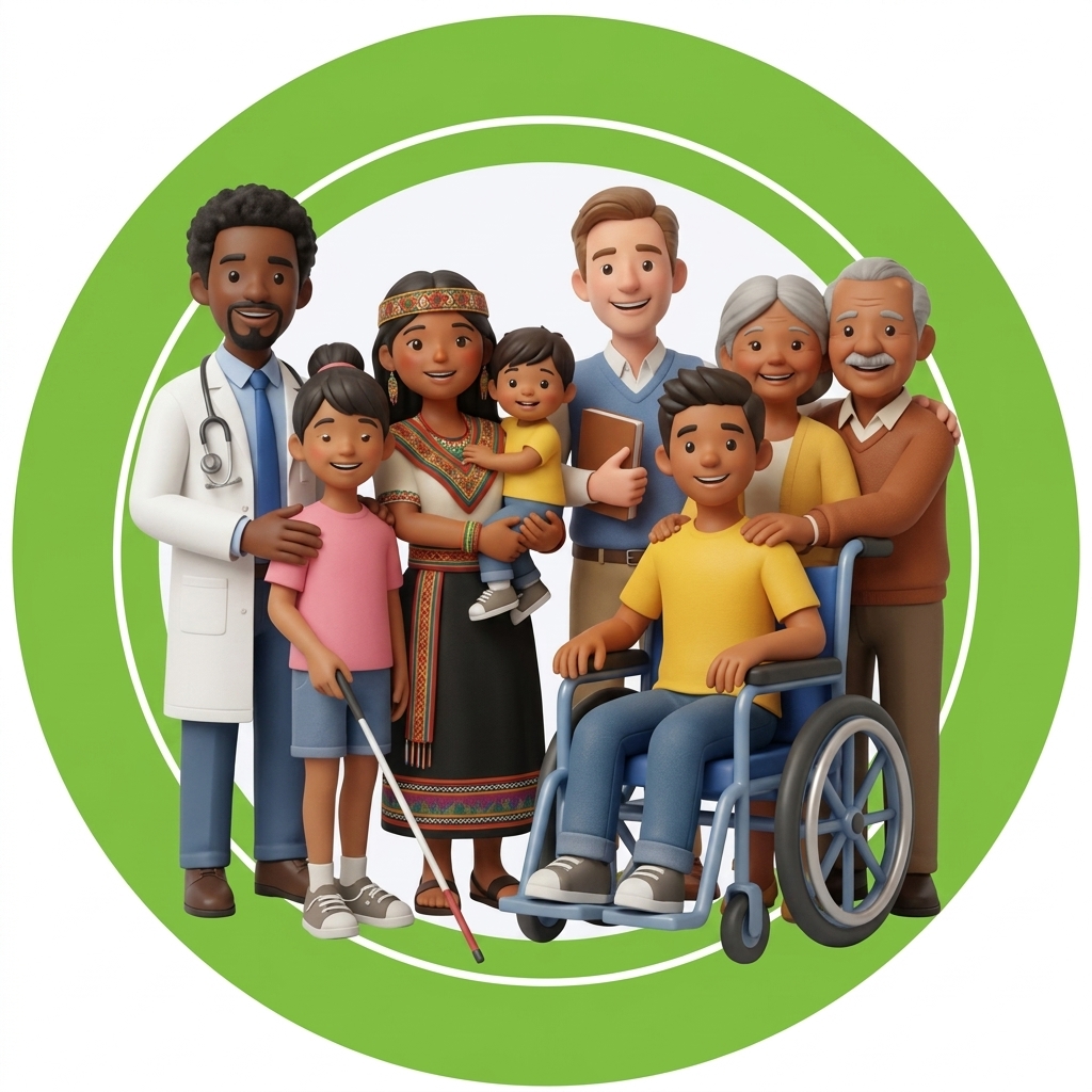Un retrato de grupo diverso, incluidos un médico y una familia, con un joven en silla de ruedas y una niña con un bastón blanco para invidentes, todo rodeado por un círculo verde.