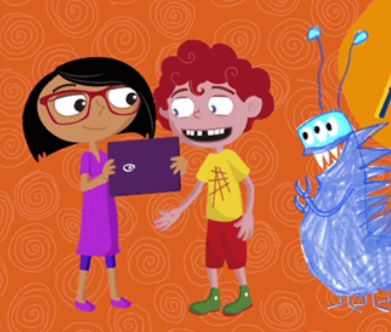 Animación sobre fondo naranja con espirales. De izquierda a derecha: niña con gafas y vestido morado sosteniendo una tableta; niño pelirrojo sonriente con camiseta amarilla; y un monstruo azul peludo con tres ojos y antenas.