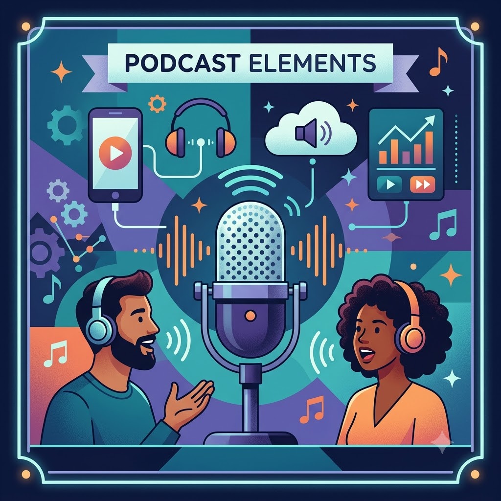 Ilustración con el texto "PODCAST ELEMENTS". Muestra un gran micrófono central rodeado de ondas sonoras. A los lados, un hombre y una mujer conversan usando auriculares. Alrededor flotan iconos: un celular reproduciendo, una nube con altavoz, notas musicales, engranajes y gráficas de barras.