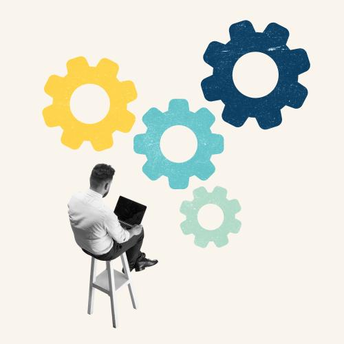 Tuercas y hombre sentado