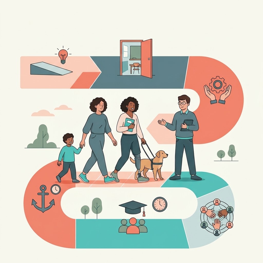 Ilustración de un camino educativo inclusivo con personajes diversos y varios iconos: bombilla con rampa, aula escolar, engranaje entre manos, ancla con reloj, birrete de graduación y círculo de manos entrelazadas.