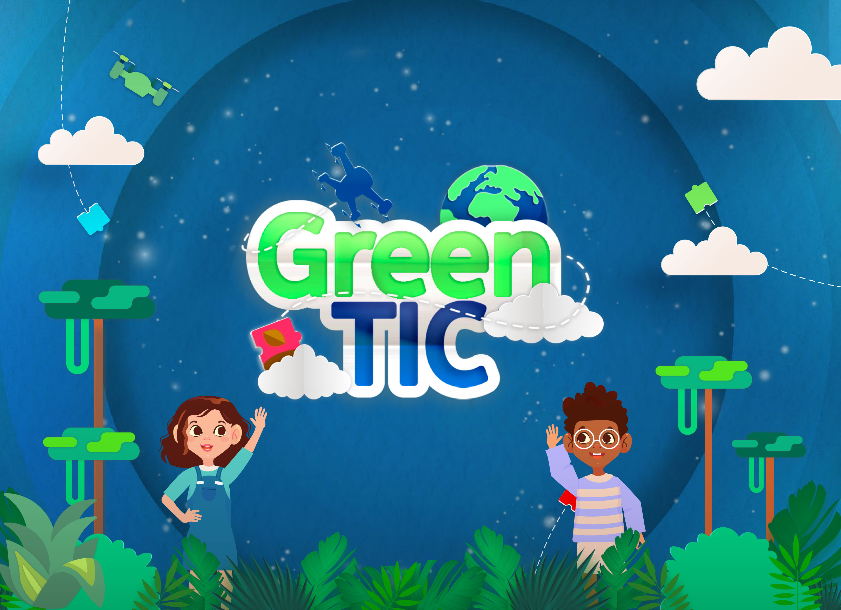 Portada con logo GreenTIC con ilustración de niño y niña más color azul de fondo, nubes y plantas y formas de videojuego