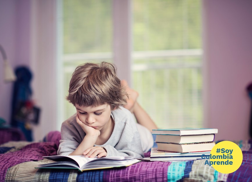 Foto de niño leyendo libro sobre la cama 