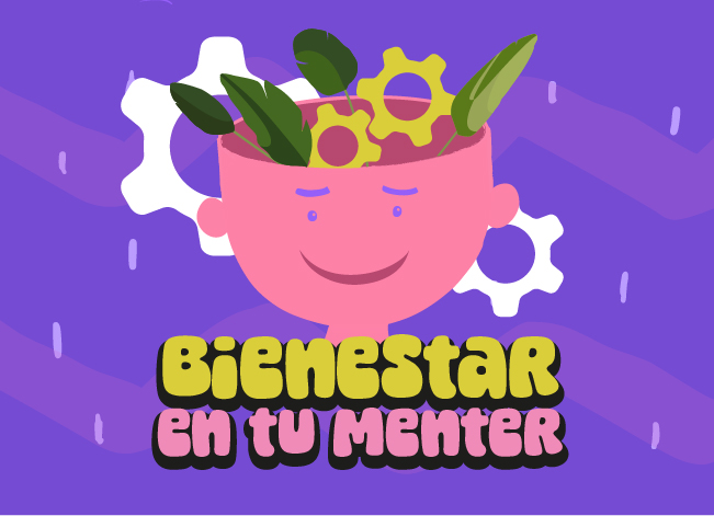 Ilustración cara sonriendo con elementos sobre la cabeza y con las palabras abajo Bienestar en tu Mente