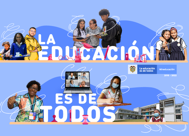 Imagen La educación es de todos. Fotos de profesora, y estudiantes en diversos escenarios. Foto de fachada de institución educativa