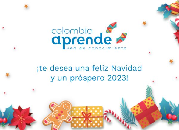 Tarjeta de navidad, con dibujos de regalos, flores, galletas, bastones, y más adornos, que dice Colombia Aprende Red de Conocimiento te desea una Feliz Navidad y un próspero 2023